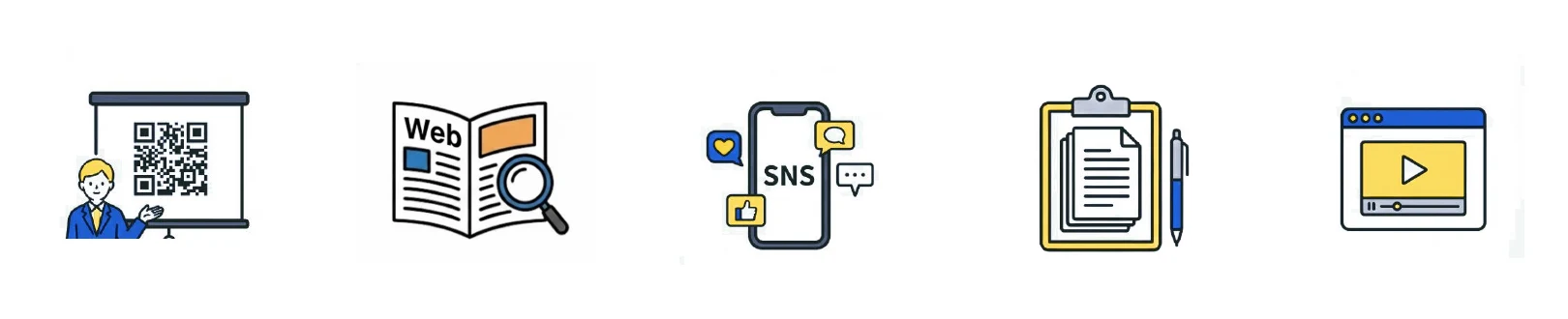 V-Talkを使える媒体のアイコン: 学校説明会のQR表示、Web媒体、SNS、学校説明資料、自社サイト埋め込み